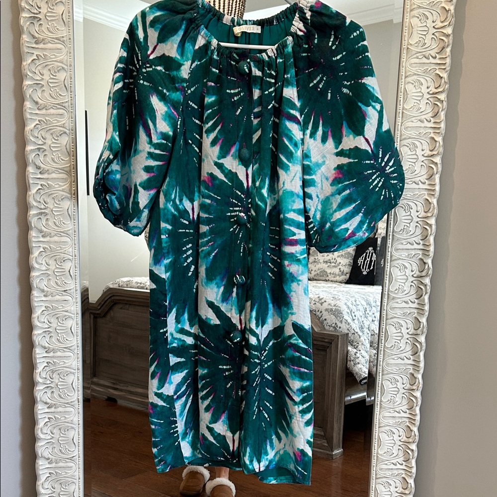 Marie Oliver Teal, White & Deep Green Floral Midi Dress